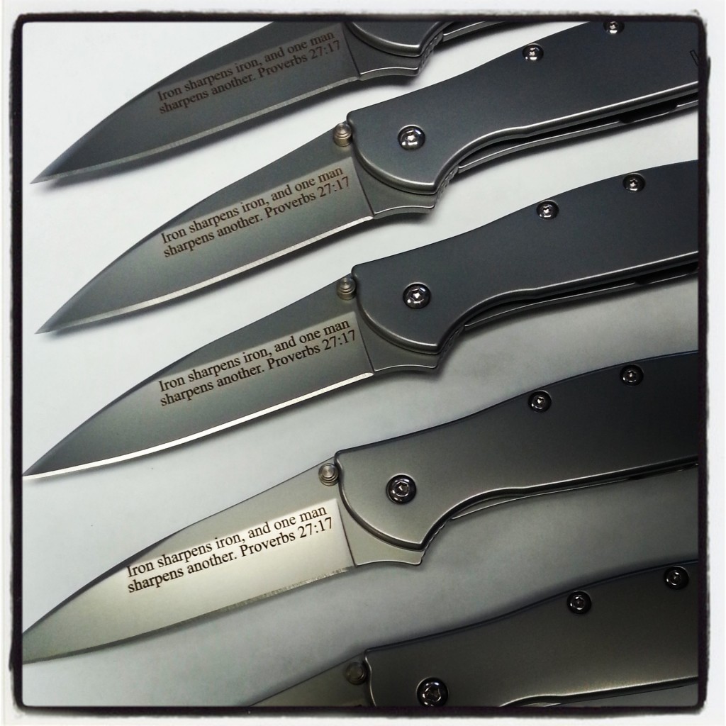 Proverbs 27:17 engraved on Kershaw Leek knife blade