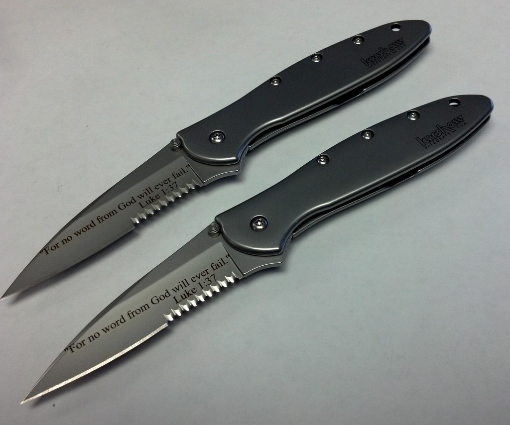 Laser engraved Bible verse on Kershaw Leek Blade