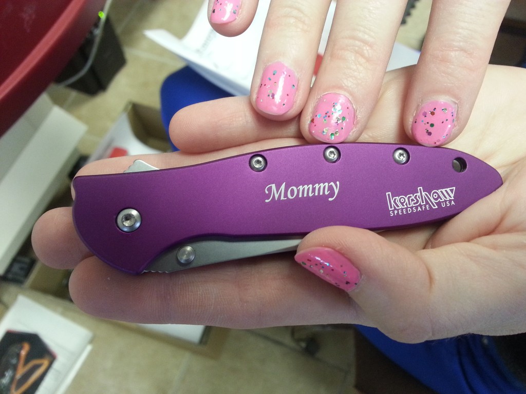 Purple Kershaw Leek 1660PUR with laser engraving on handle