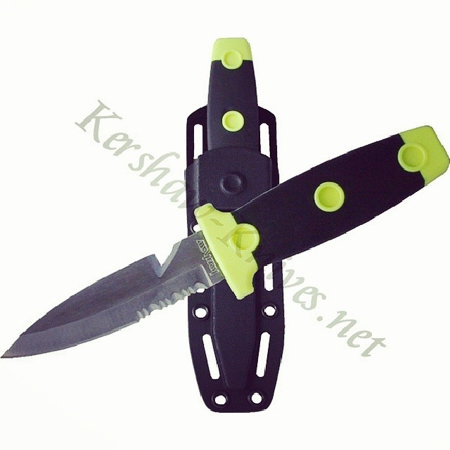 Kershaw Sea Hunter Knife 1008, the perfect diving knife. Corrosion resistant stainless steel blade, bright neon detailing, hard-molded sheath, soft molded handle, and 2 rubber straps. Sharpened notch on blade for cutting through cord or fabric. Pick some up for your crew at www.Kershaw-Knives.net Kershaw Kershawknives sea hunter diving diver scuba safety underwater neon KnifeSaturday KnifeCommunity