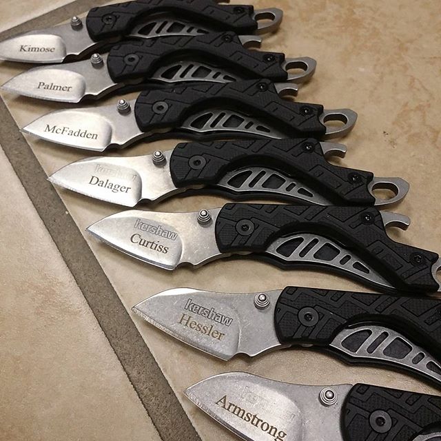 Laser engraved Kershaw Cinder Knives. For less than $50 this customer was able to hook up 7 of his groomsman buddies with a bad ass personalized gift.  Who said gift giving had to be expensive? 
#kershawknives #LaserEngraving #groomsmengift #christmas #giftideas