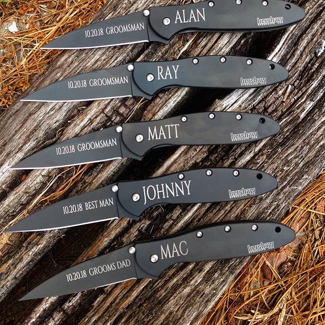 Kershaw Leek 1660CKT engraved in Cinzel font. Congratulations to this groom to be- he knows how to treat his guys right! Enjoy your personalized engraved knives.
#groomsmengifts #engravedknives #giftsforhim #weddingpresents