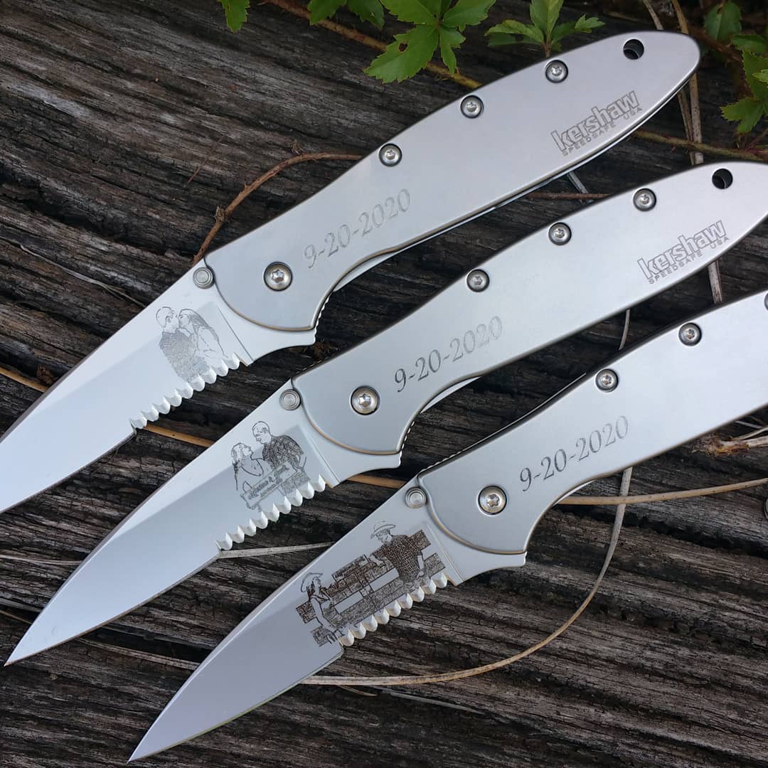 Laser engraved engagement portraits on Kershaw Leek knives KershawKni